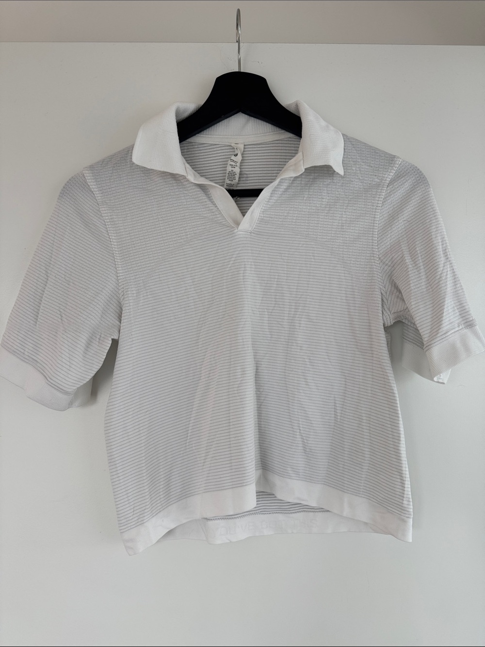 Women's White cropped Short-Sleeve Polo Tee with Subtle Stripe